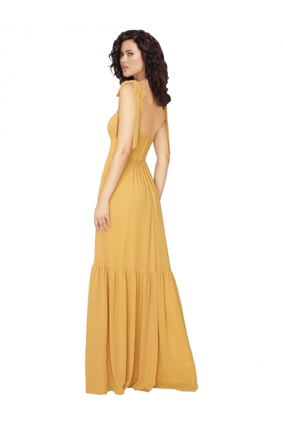 Compre Azafrán línea A Cuadrado Gasa Largo Vestidos de dama de honor