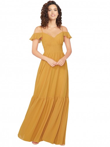 Compre Azafrán línea A Cuello en V Cuello de Corazón Gasa Largo Vestidos de dama de honor