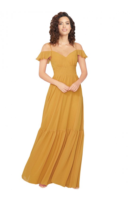 Compre Azafrán línea A Cuello en V Cuello de Corazón Gasa Largo Vestidos de dama de honor