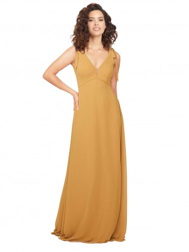 Compre Azafrán línea A Cuello en V Gasa Largo Vestidos de dama de honor