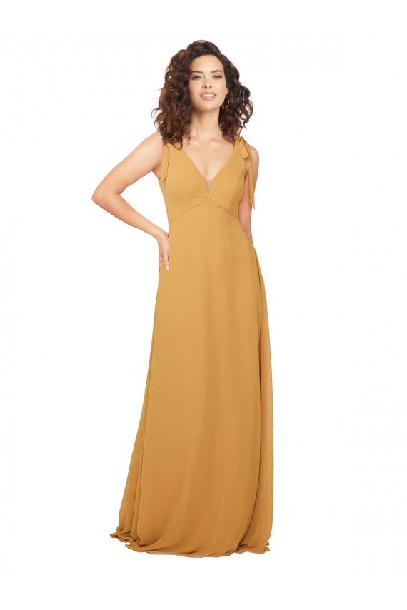 Compre Azafrán línea A Cuello en V Gasa Largo Vestidos de dama de honor