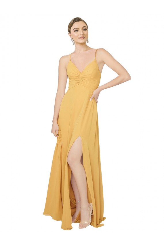 Compre Azafrán línea A Cuello en V Gasa Largo Vestidos de dama de honor