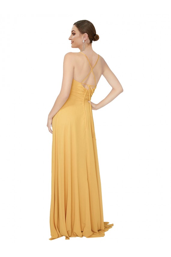 Compre Azafrán línea A Cuello en V Gasa Largo Vestidos de dama de honor