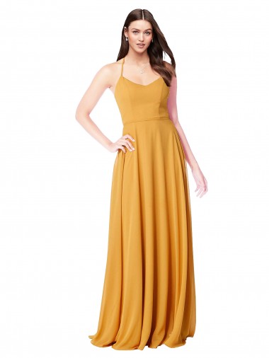 Compre Azafrán línea A Cuello en V Gasa Largo Vestidos de dama de honor