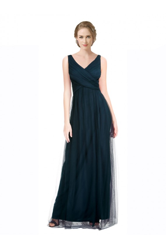 Compre Azul 7 línea A Cuello en V Tul Largo Vestidos de dama de honor