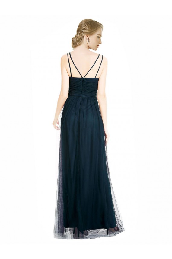 Compre Azul 7 línea A Cuello en V Tul Largo Vestidos de dama de honor