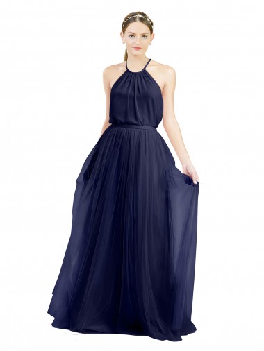 Compre Azul Marino 21 línea A Halter Cuello Alto Tul Largo Vestidos de dama de honor