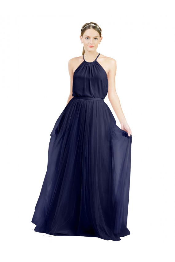 Compre Azul Marino 21 línea A Halter Cuello Alto Tul Largo Vestidos de dama de honor