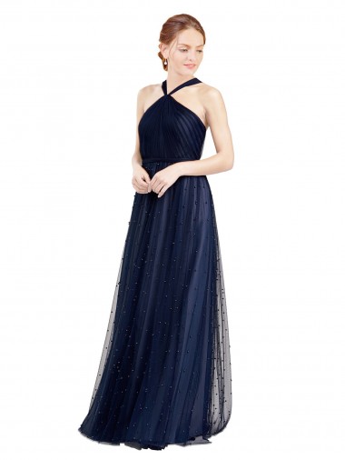 Compre Azul Marino 21 línea A Halter Tul Largo Vestidos de dama de honor
