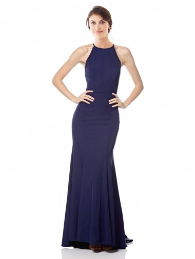 Compre Azul Marino Sirena Halter Cuello Alto Crepé Elástico Largo Formales Vestidos de dama de honor / Vestidos de fiesta