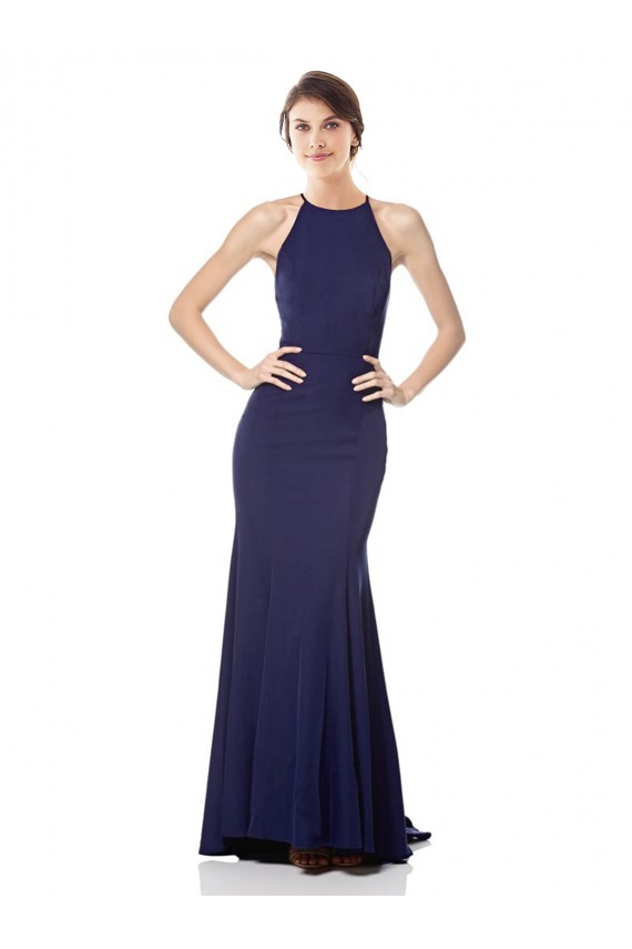 Compre Azul Marino Sirena Halter Cuello Alto Crepé Elástico Largo Formales Vestidos de dama de honor / Vestidos de fiesta