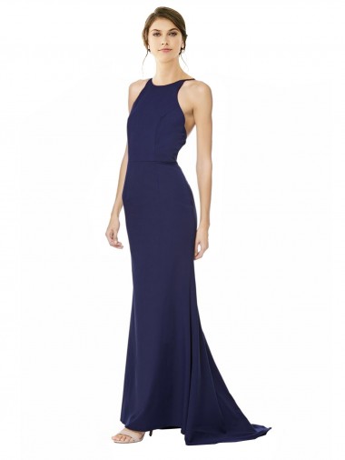 Compre Azul Marino Sirena Halter Cuello Alto Crepé Elástico Largo Formales Vestidos de dama de honor / Vestidos de fiesta