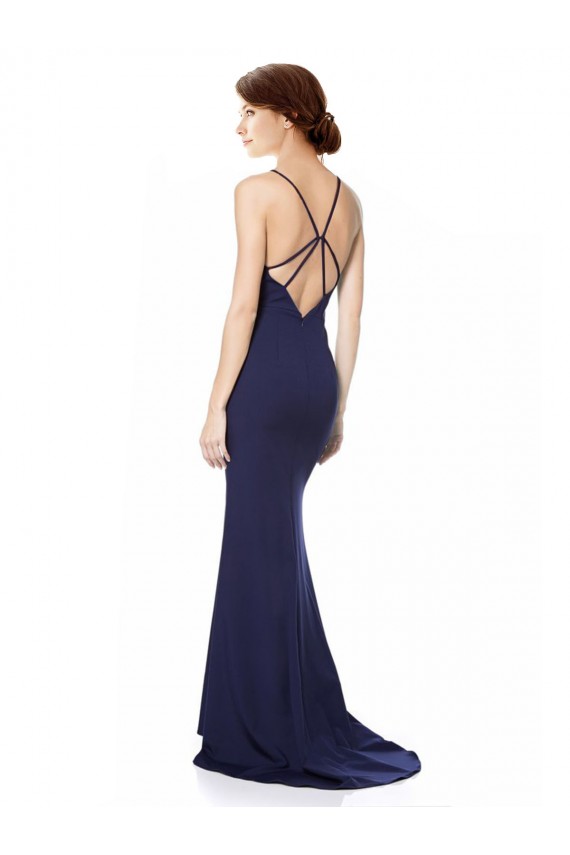 Compre Azul Marino Sirena Halter Cuello Alto Crepé Elástico Largo Formales Vestidos de dama de honor / Vestidos de fiesta