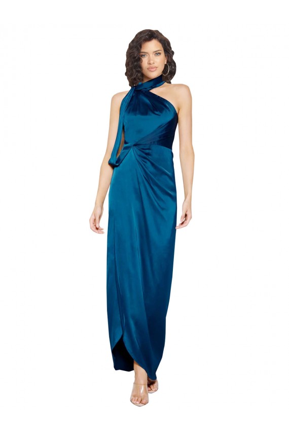 Compre Azul Verde pavo real Cubierta Halter Cuello Alto Satén sedoso Largo Formales Vestidos de dama de honor / Vestidos de fiesta