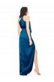 Compre Azul Verde pavo real Cubierta Halter Cuello Alto Satén sedoso Largo Formales Vestidos de dama de honor / Vestidos de fiesta