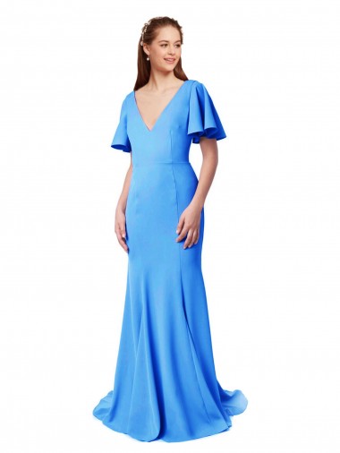 Compre Azul Verde pavo real Sirena Cuello en V Barrer tren Crepé Elástico Largo Vestidos de dama de honor / Vestidos de fiesta