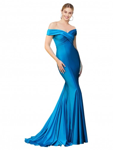 Compre Azul Verde pavo real Sirena Hombros Descubiertos Satén Largo Formales Vestidos de dama de honor / Vestidos de fiesta