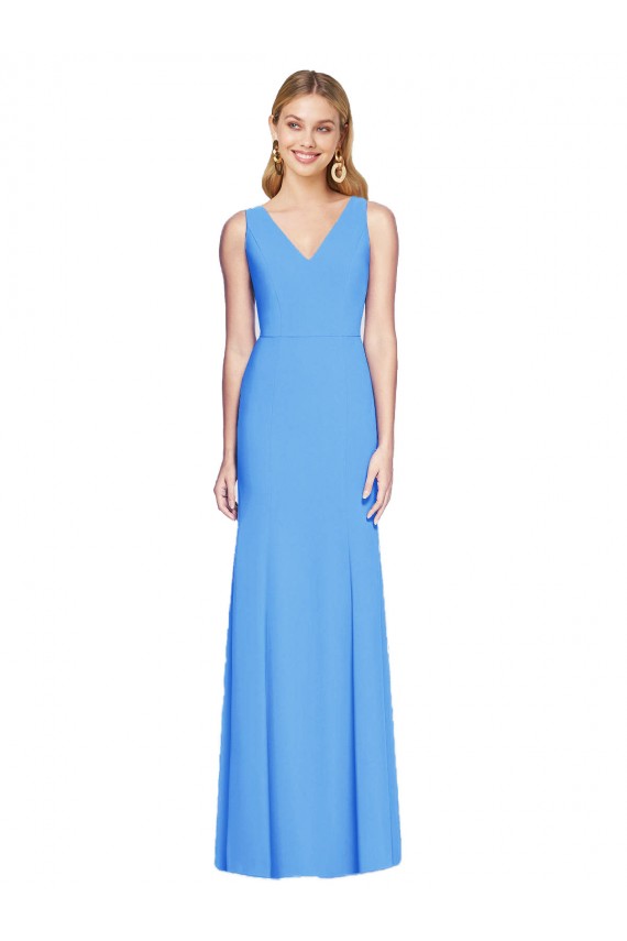 Compre Azul Verde pavo real Trompeta Cuello en V Crepé Elástico Largo Vestidos de dama de honor / Vestidos de fiesta