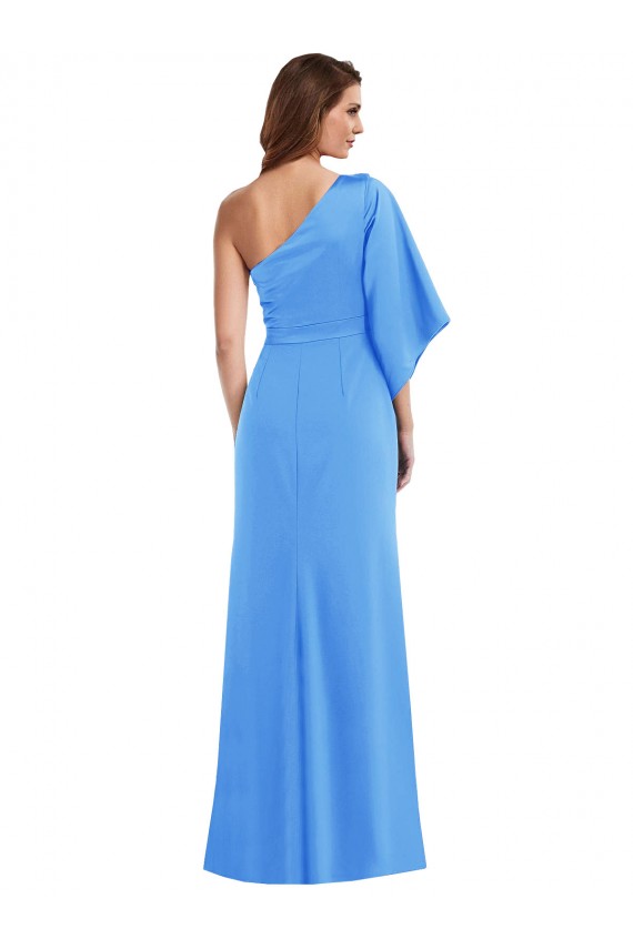 Compre Azul Verde pavo real Trompeta Un Hombre Crepé Elástico Largo Vestidos de dama de honor / Vestidos de fiesta