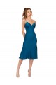 Compre Azul Verde pavo real línea A Cuello en V Midi Satén sedoso Corto Vestidos de dama de honor / Vestidos de fiesta / Vestidos de cóctel