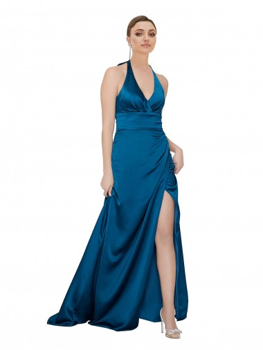 Compre Azul Verde pavo real línea A Halter Satén sedoso Largo Formales Vestidos de dama de honor / Vestidos de fiesta