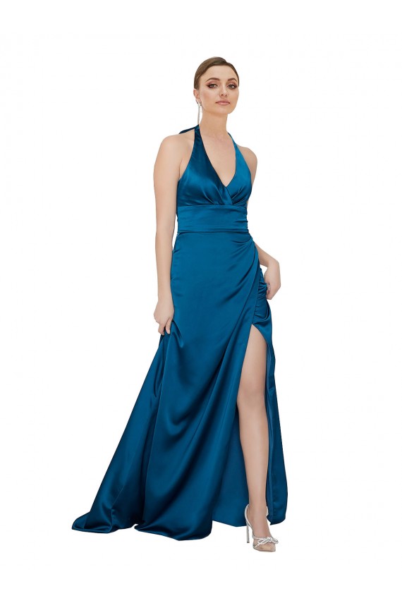 Compre Azul Verde pavo real línea A Halter Satén sedoso Largo Formales Vestidos de dama de honor / Vestidos de fiesta