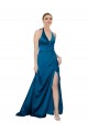 Compre Azul Verde pavo real línea A Halter Satén sedoso Largo Formales Vestidos de dama de honor / Vestidos de fiesta