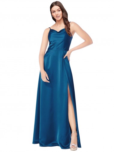 Compre Azul Verde pavo real línea A Tirantes espagueti Satén sedoso Largo Formales Vestidos de dama de honor / Vestidos de fiesta