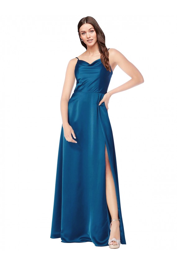 Compre Azul Verde pavo real línea A Tirantes espagueti Satén sedoso Largo Formales Vestidos de dama de honor / Vestidos de fiesta
