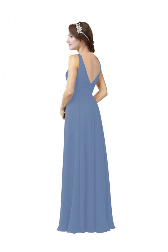 Compre Azul Windsor Cubierta Cuello en V Gasa Largo Vestidos de dama de honor