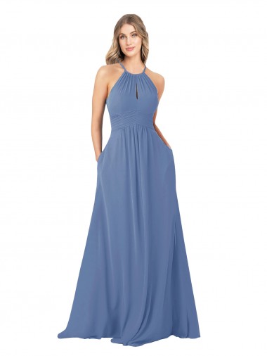 Compre Azul Windsor línea A Cuello Alto Gasa Largo Vestidos de dama de honor