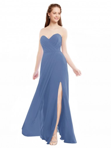 Compre Azul Windsor línea A Cuello de Corazón Sin tirantes Gasa Largo Vestidos de dama de honor