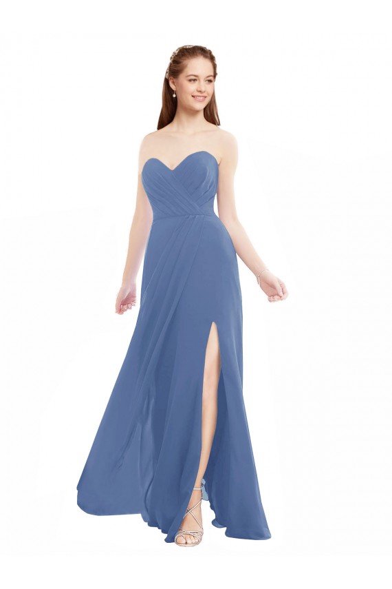 Compre Azul Windsor línea A Cuello de Corazón Sin tirantes Gasa Largo Vestidos de dama de honor