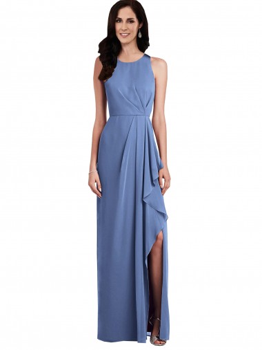 Compre Azul Windsor línea A Cuello joya Gasa Largo Vestidos de dama de honor