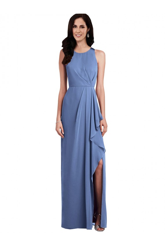 Compre Azul Windsor línea A Cuello joya Gasa Largo Vestidos de dama de honor