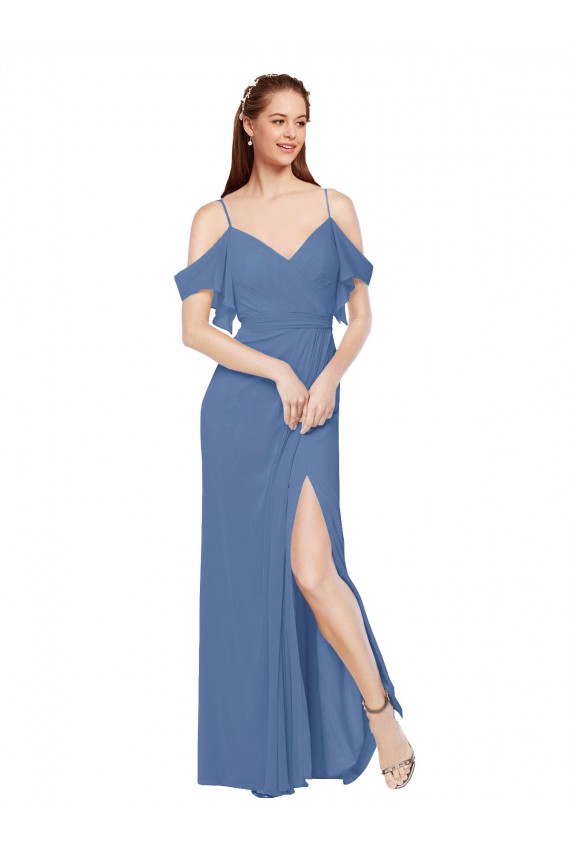 Compre Azul Windsor línea A Hombros Descubiertos Gasa Largo Vestidos de dama de honor