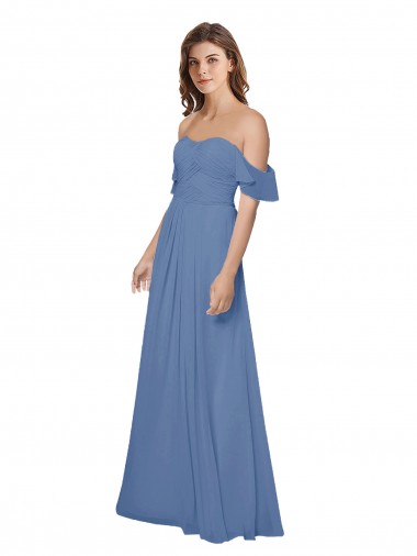 Compre Azul Windsor línea A Hombros Descubiertos Sin tirantes Gasa Largo Vestidos de dama de honor