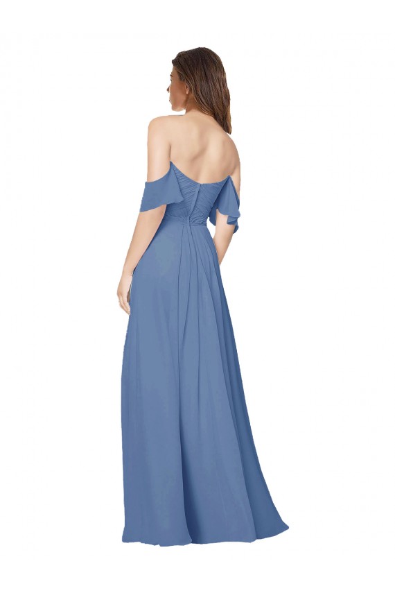 Compre Azul Windsor línea A Hombros Descubiertos Sin tirantes Gasa Largo Vestidos de dama de honor