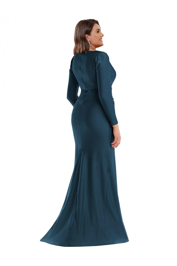 Compre Azul atlántico Sirena Cuello en V Satén sedoso Largo Formales Vestidos de dama de honor / Vestidos de fiesta