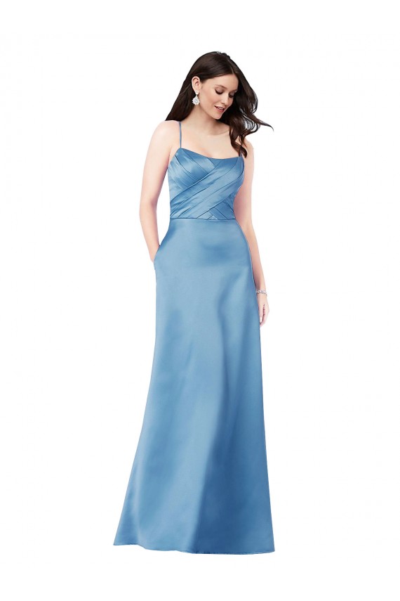Compre Azul cielo Cubierta Tirantes espagueti Cuadrado Satén Largo Formales Vestidos de dama de honor / Vestidos de fiesta