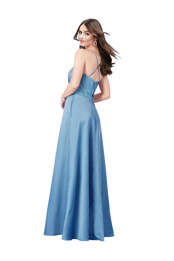 Compre Azul cielo Cubierta Tirantes espagueti Cuadrado Satén Largo Formales Vestidos de dama de honor / Vestidos de fiesta