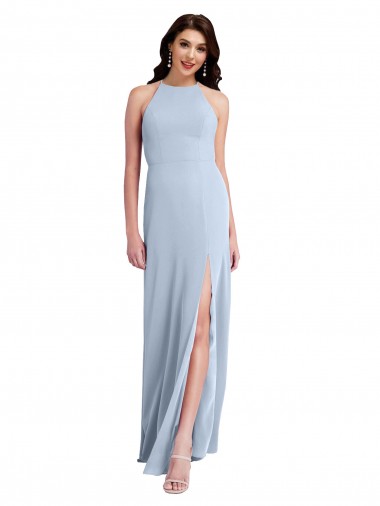 Compre Azul cielo claro Cubierta Halter Cuello Alto Crepé Elástico Largo Formales Vestidos de dama de honor / Vestidos de fiesta
