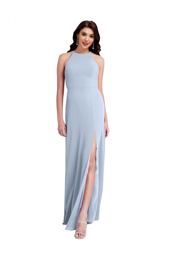 Compre Azul cielo claro Cubierta Halter Cuello Alto Crepé Elástico Largo Formales Vestidos de dama de honor / Vestidos de fiesta