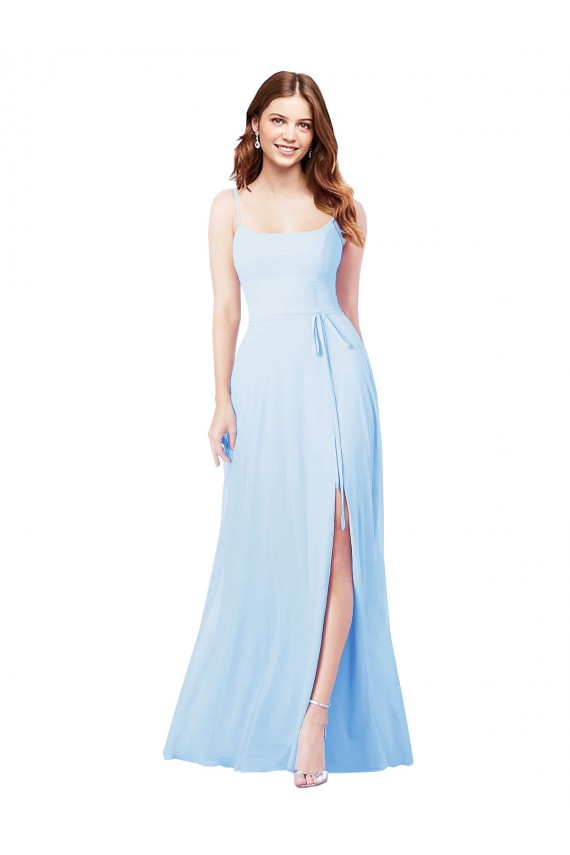 Compre Azul cielo claro Cubierta Tirantes espagueti Cuadrado Gasa Largo Vestidos de dama de honor