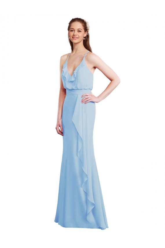 Compre Azul cielo claro Sirena Tirantes espagueti Cuello en V Gasa Largo Vestidos de dama de honor