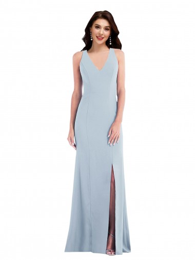 Compre Azul cielo claro Trompeta Cuello en V Crepé Elástico Largo Vestidos de dama de honor / Vestidos de fiesta
