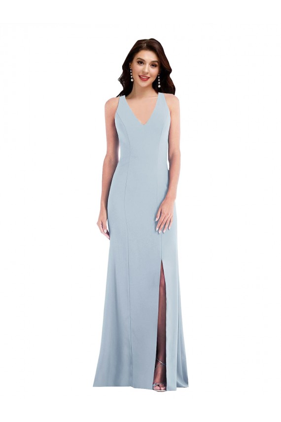 Compre Azul cielo claro Trompeta Cuello en V Crepé Elástico Largo Vestidos de dama de honor / Vestidos de fiesta