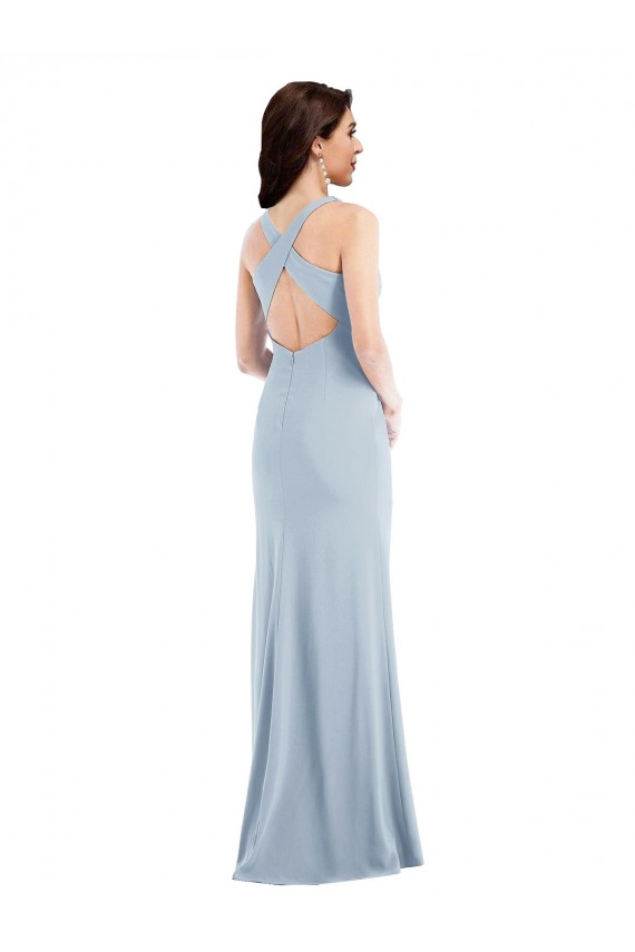 Compre Azul cielo claro Trompeta Cuello en V Crepé Elástico Largo Vestidos de dama de honor / Vestidos de fiesta