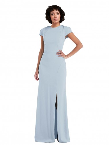 Compre Azul cielo claro Trompeta Cuello joya Crepé Elástico Largo Vestidos de dama de honor