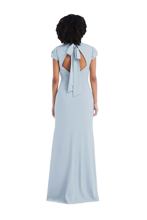 Compre Azul cielo claro Trompeta Cuello joya Crepé Elástico Largo Vestidos de dama de honor